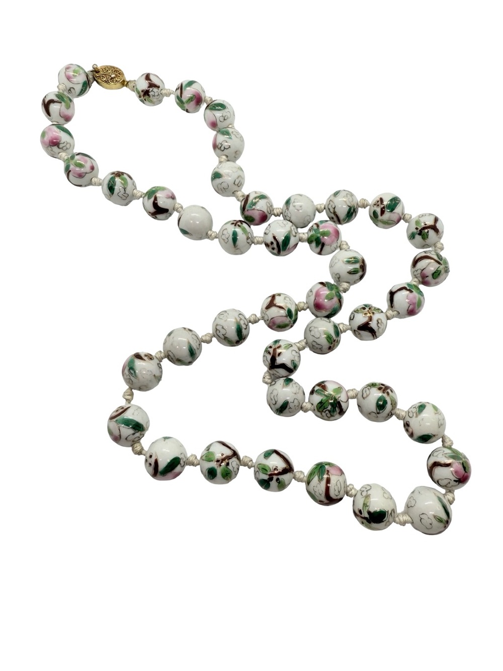 Hand-Painted Floral Porcelain Bead Necklace in White, Pink & Green